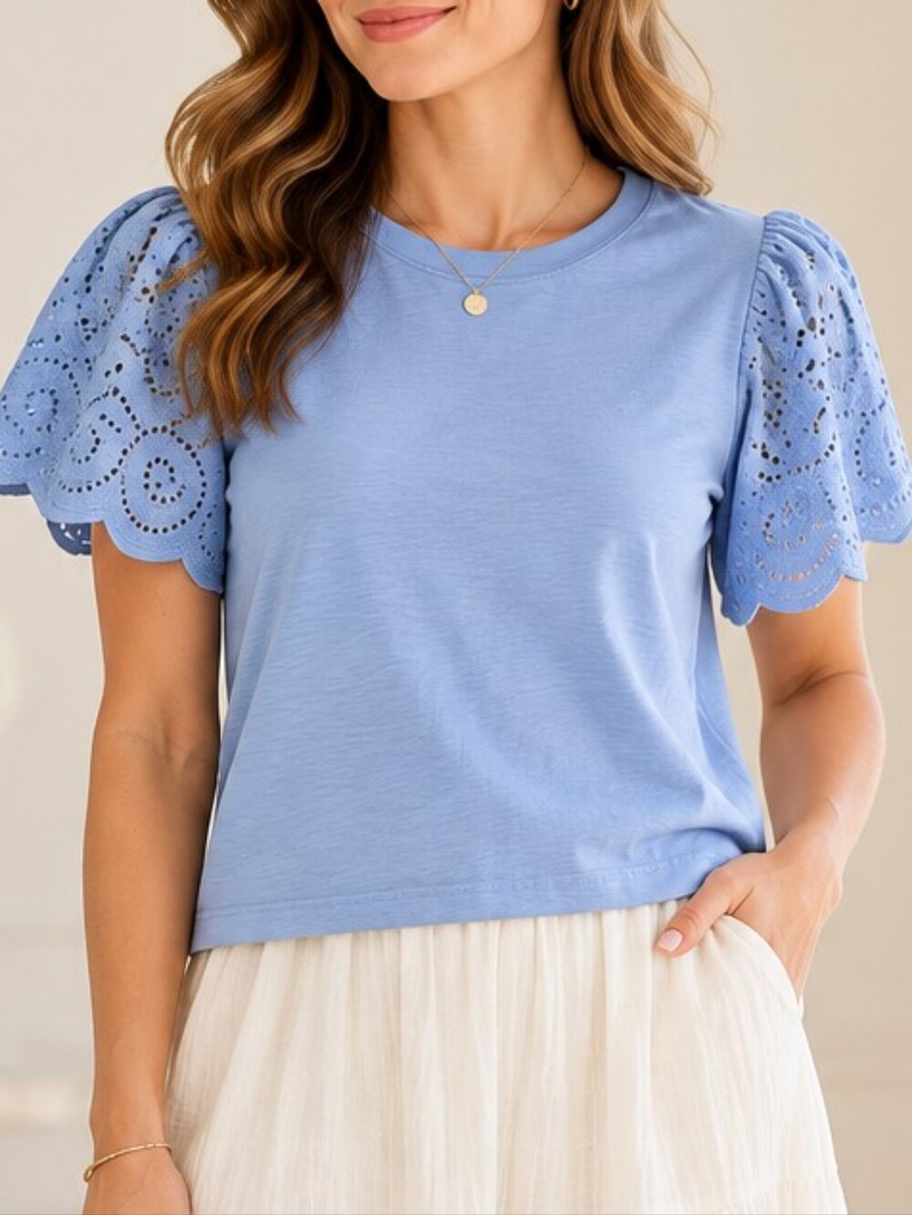 Loft Blue Eyelet Puff Sleeve Top M Cropped Cotton Romantic Cottagecore Feminine